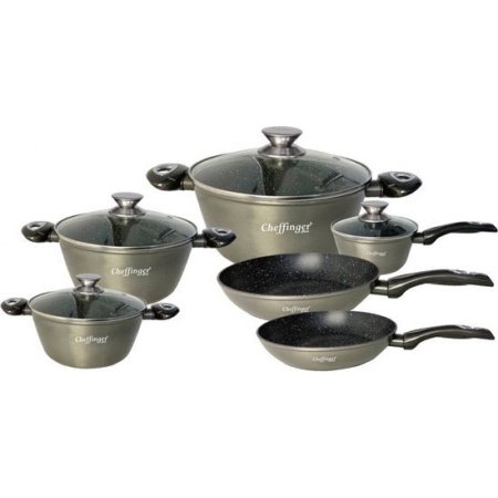 Cheffinger Cf-Fa1010: 10-Delige Marmeren Gecoate Pannenset zwart gratis verzending