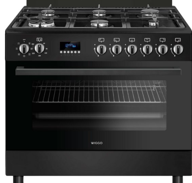 Wiggo WO‑E969R(BB) – Vrijstaand gasfornuis – 90 cm – 6 kookzones met dubbele wokbrander – 110L elektrische oven – Zwart – Elektrische vonkontsteking & vlambeveiliging – Energieklasse B – 5 jaar garantie