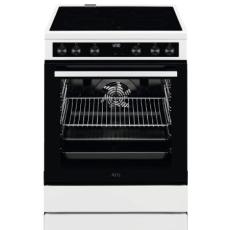 AEG CCB644OCBW Staande kookplaat, 60 cm, met keramische kookplaat, braadzone, meercircuitkookzone, verzonken knop, touch-bediening, grillfunctie, display met klok, A